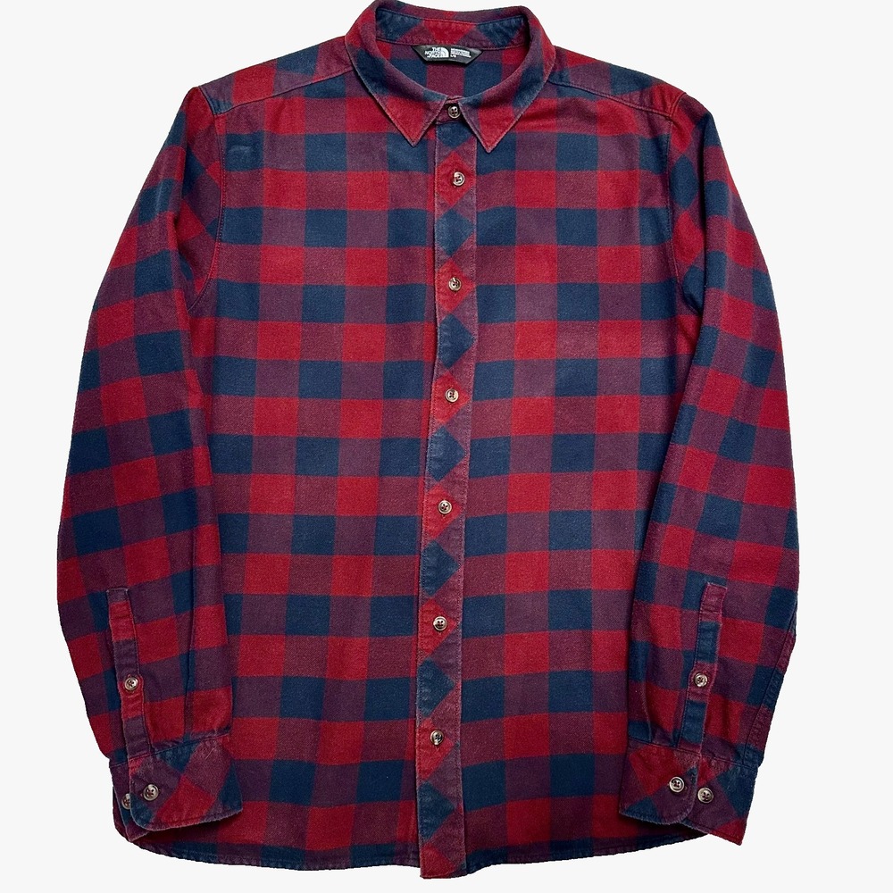 The North Face Mens Shirt Size L Red Blue Plaid Soft Cotton Flannel Long Sleeves